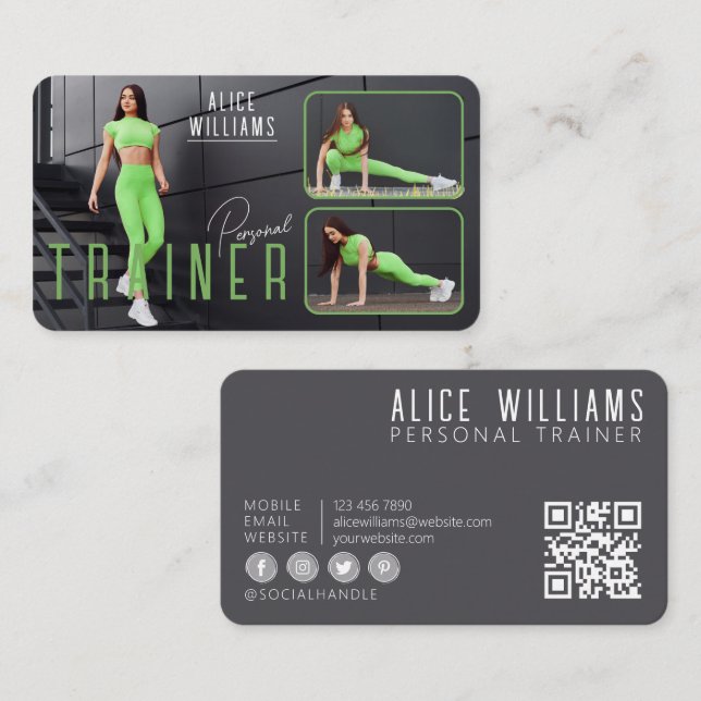 QR Code Fitness Green Gray Personal Trainer Photo Business Card (Front/Back)