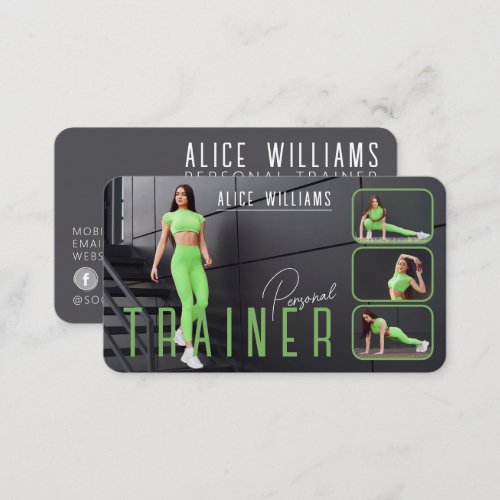 QR Code Fitness Green Gray Personal Trainer Photo Business Card
