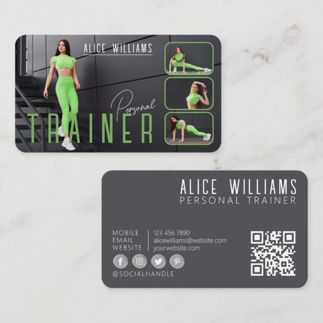 QR Code Fitness Green Gray Personal Trainer Photo Business Card (Front/Back)
