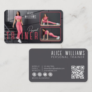 QR Code Fitness Pink & Gray Personal Trainer Photo Business Card
