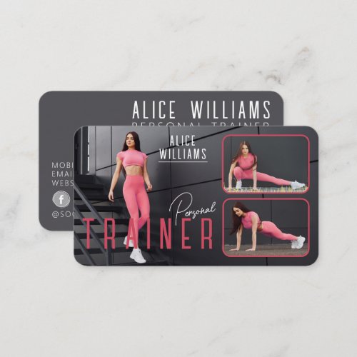 QR Code Fitness Pink  Gray Personal Trainer Photo Business Card