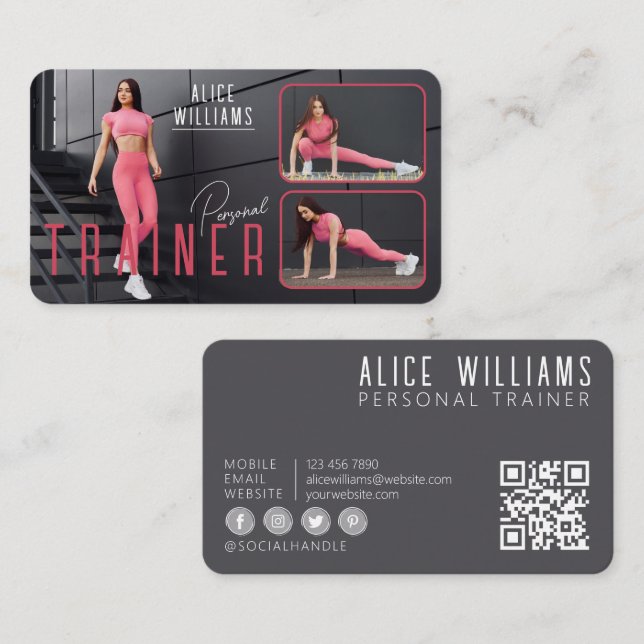 QR Code Fitness Pink & Gray Personal Trainer Photo Business Card (Front/Back)
