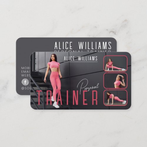 QR Code Fitness Pink  Gray Personal Trainer Photo Business Card