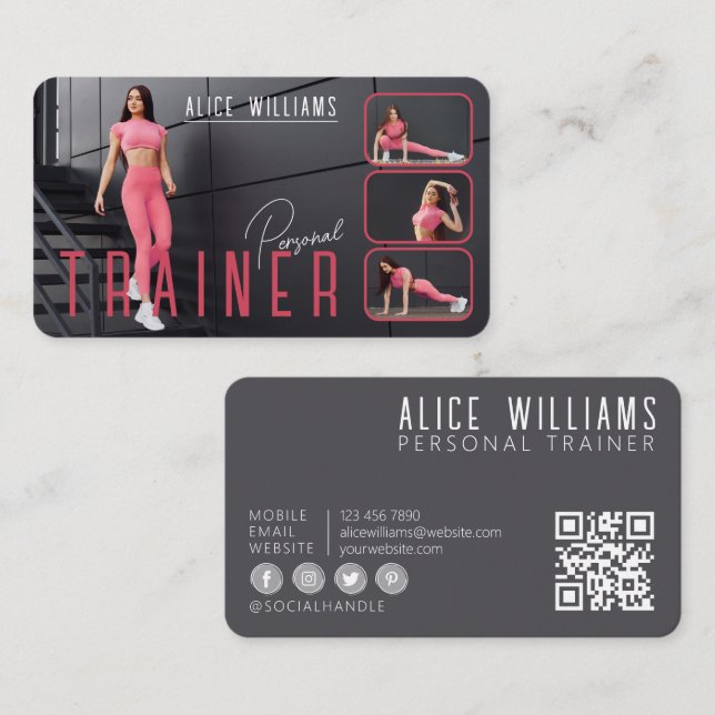QR Code Fitness Pink & Gray Personal Trainer Photo Business Card (Front/Back)