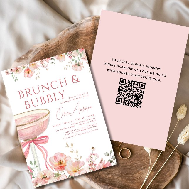 QR Code Floral Brunch and Bubbly Bridal Shower Invitation (Creator Uploaded)