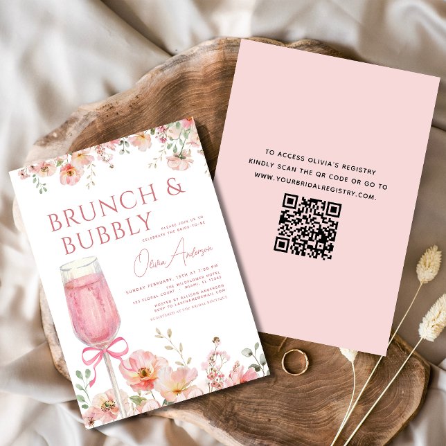 QR Code Floral Brunch and Bubbly Bridal Shower Invitation (Creator Uploaded)