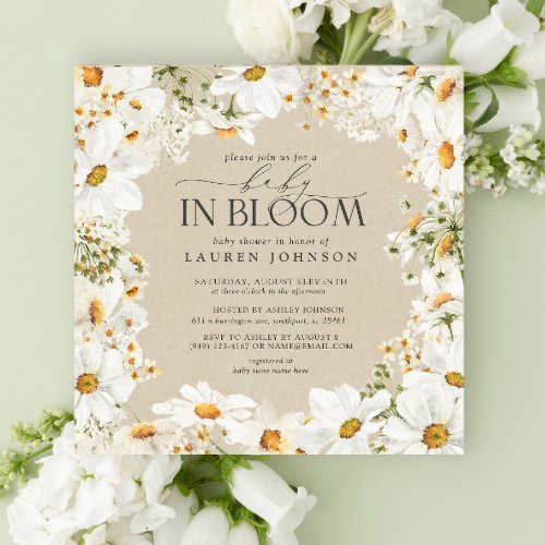 QR Code Floral Daisy Baby in Bloom Rustic Shower Invitation