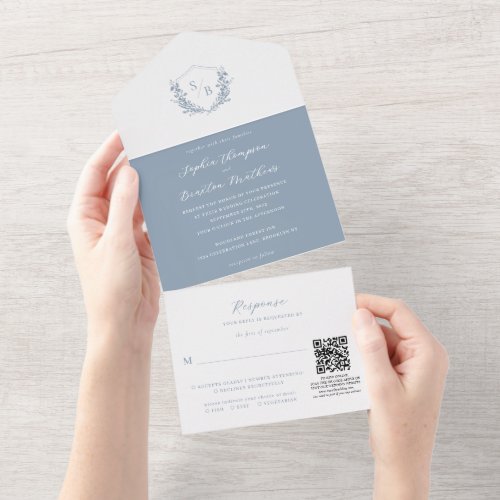 QR Code Floral Dusty Blue Crest Monogram Wedding All In One Invitation