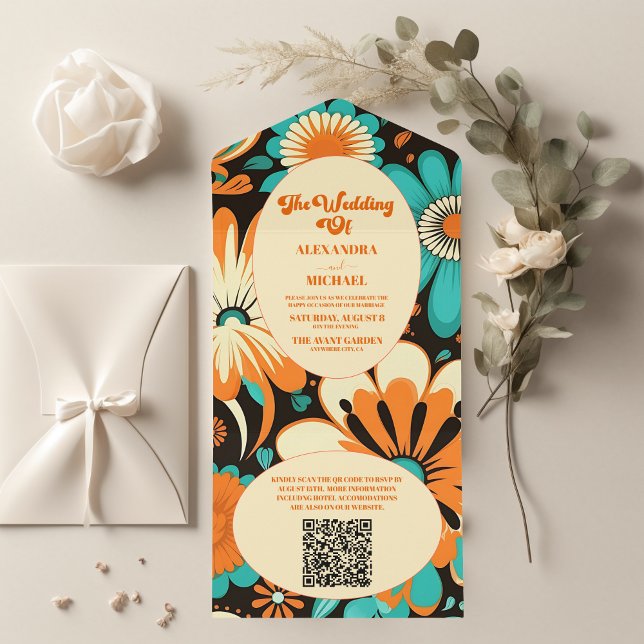 QR Code Floral Groovy Retro Wedding All In One Invitation (Creator Uploaded)
