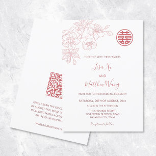 QR Code Floral Pink Chinese American Wedding Invitation