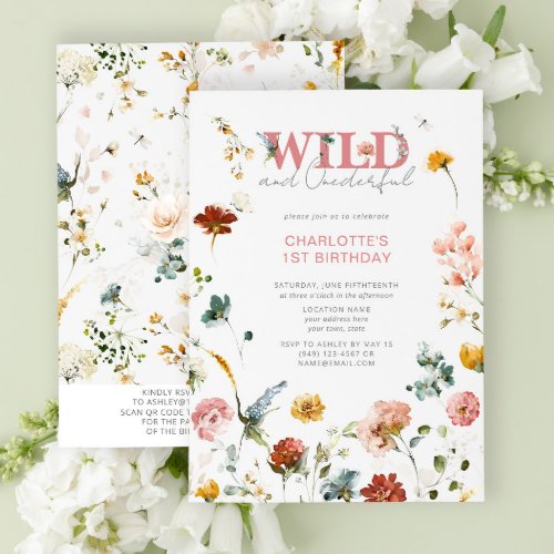 QR Code Floral Pink Wild  Onederful 1st Birthday  Invitation