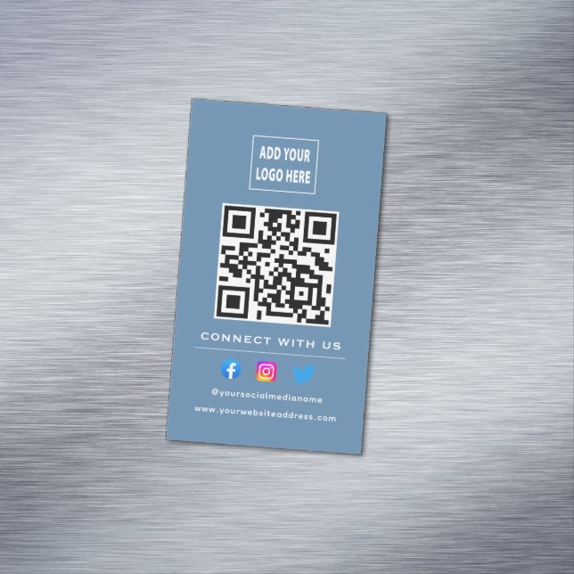 QR Code Follow Scan To Connect With Us Dusty Blue Business Card Magnet (In Situ)
