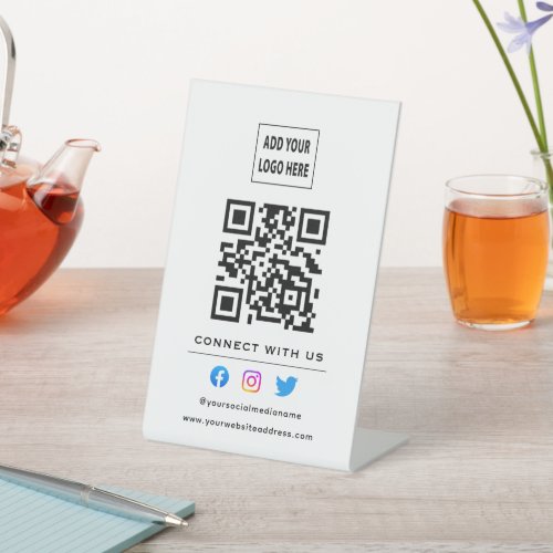 QR Code Follow Scan To Connect With Us White Black Pedestal Sign