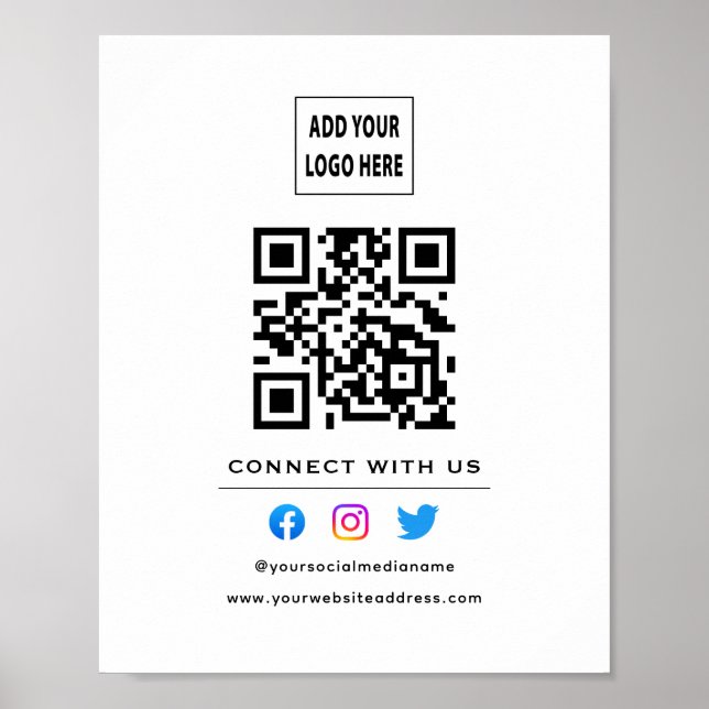 QR Code Follow Scan To Connect With Us White Black Poster (Front)