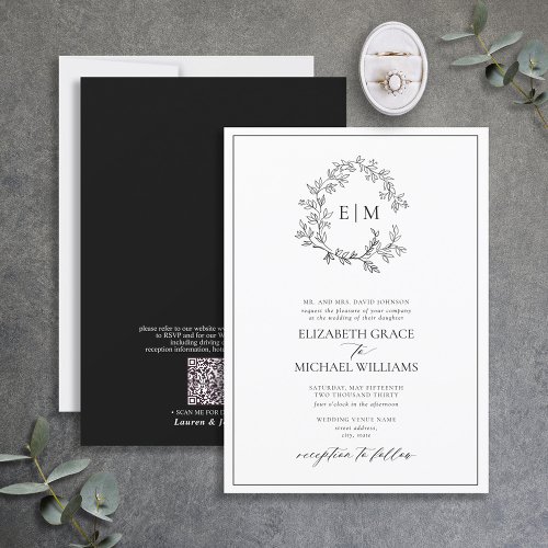 QR Code Formal Black White Leafy Crest Monogram Invitation