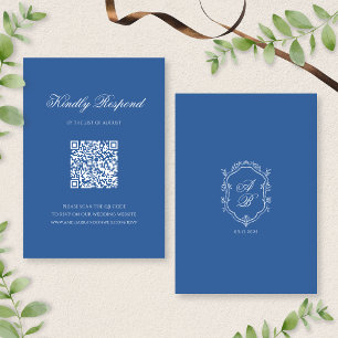 QR Code Formal Blue Monogram Crest Script Wedding RSVP Card