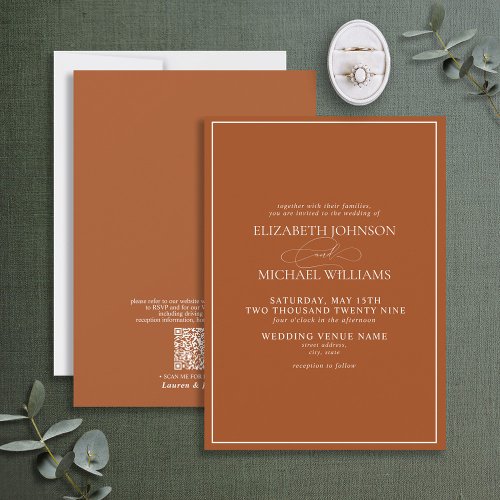 QR Code Formal Burnt Orange Classic Script Wedding Invitation