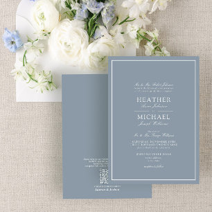 QR Code Formal Dusty Blue Classic Script Wedding Invitation