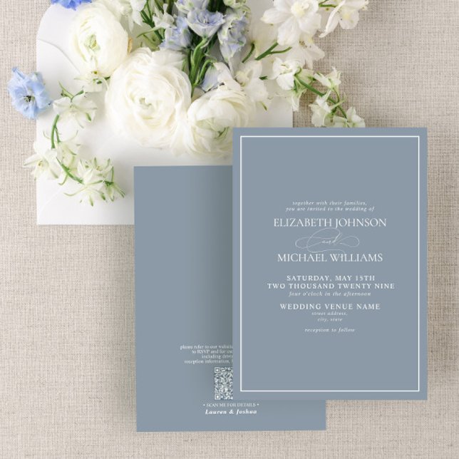 QR Code Formal Dusty Blue Classic Script Wedding Invitation (Creator Uploaded)