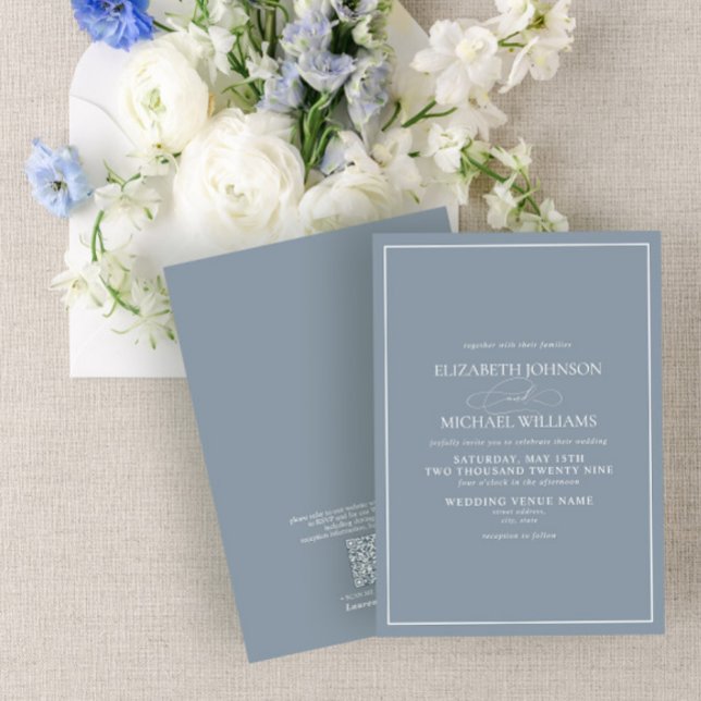 QR Code Formal Dusty Blue Classic Script Wedding Invitation (Creator Uploaded)