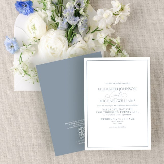 QR Code Formal Dusty Blue Classic Script Wedding Invitation (Creator Uploaded)