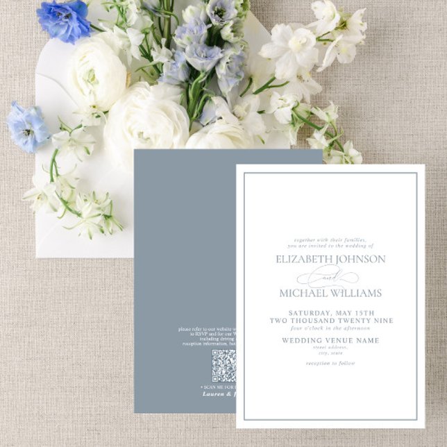 QR Code Formal Dusty Blue Classic Script Wedding Invitation (Creator Uploaded)
