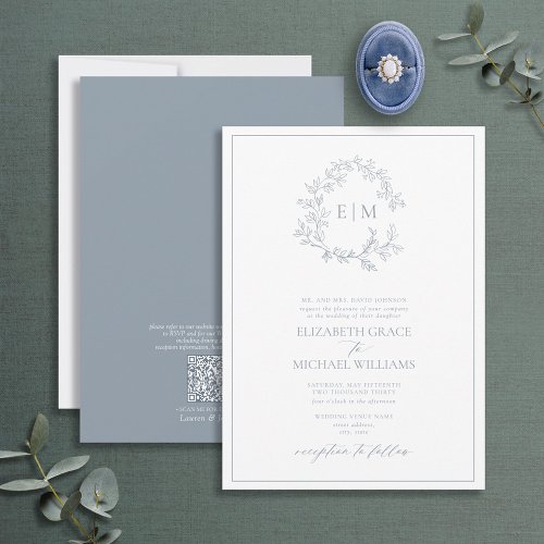 QR Code Formal Dusty Blue Leafy Crest Monogram Invitation