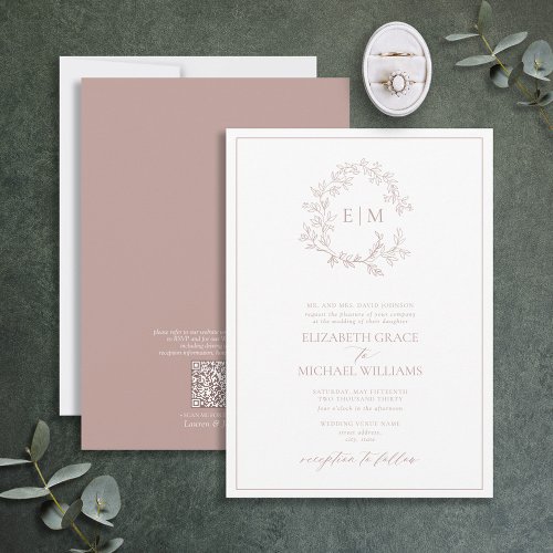 QR Code Formal Dusty Rose Leafy Crest Monogram Invitation