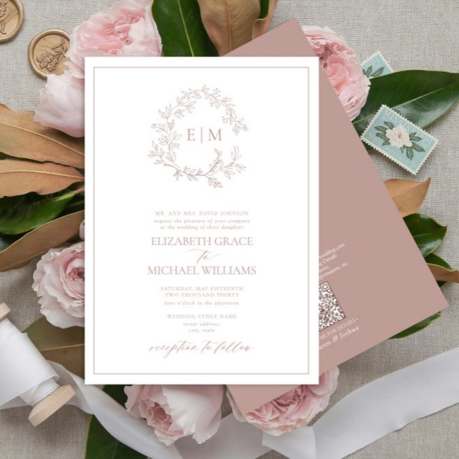 QR Code Formal Dusty Rose Leafy Crest Monogram Invitation (Creator Uploaded)