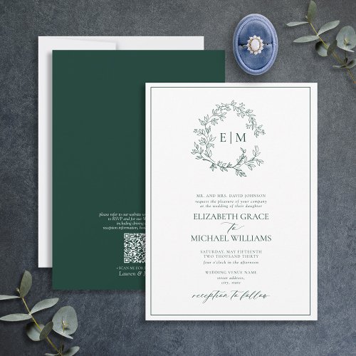 QR Code Formal Emerald Green Leafy Crest Monogram Invitation