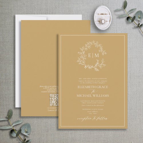 QR Code Formal Gold Leafy Crest Monogram Invitation