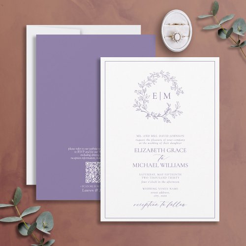 QR Code Formal Lavender Leafy Crest Monogram Invitation