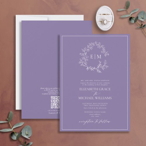 QR Code Formal Lavender Leafy Crest Monogram Invitation