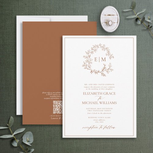 QR Code Formal Terracotta Leafy Crest Monogram Invitation