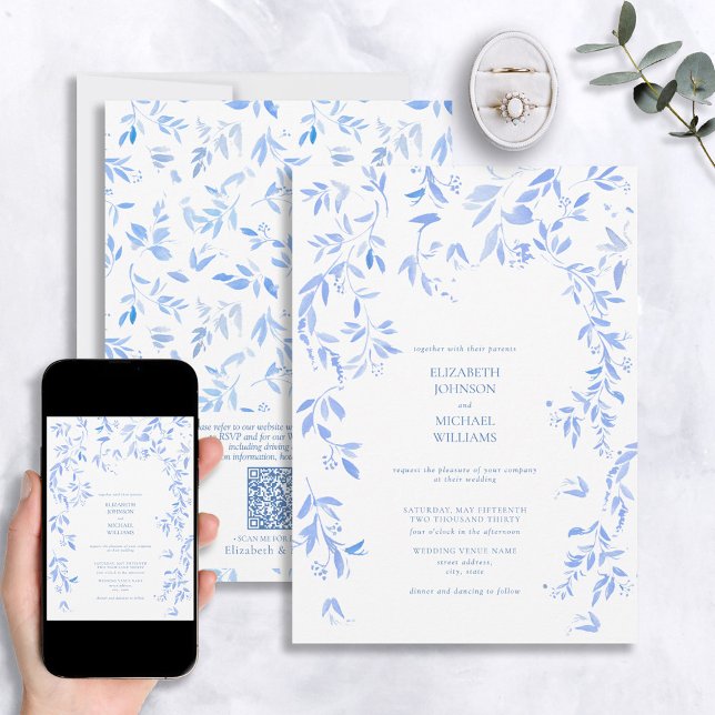 QR Code French Blue Floral Botanical Wedding  Invitation (Creator Uploaded)