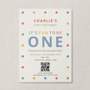 QR Code Fun To Be One Soft Colorful First Birthday Invitation