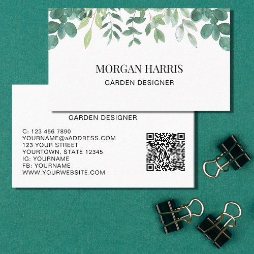 QR Code Garden Designer Watercolor Greenery Business Card