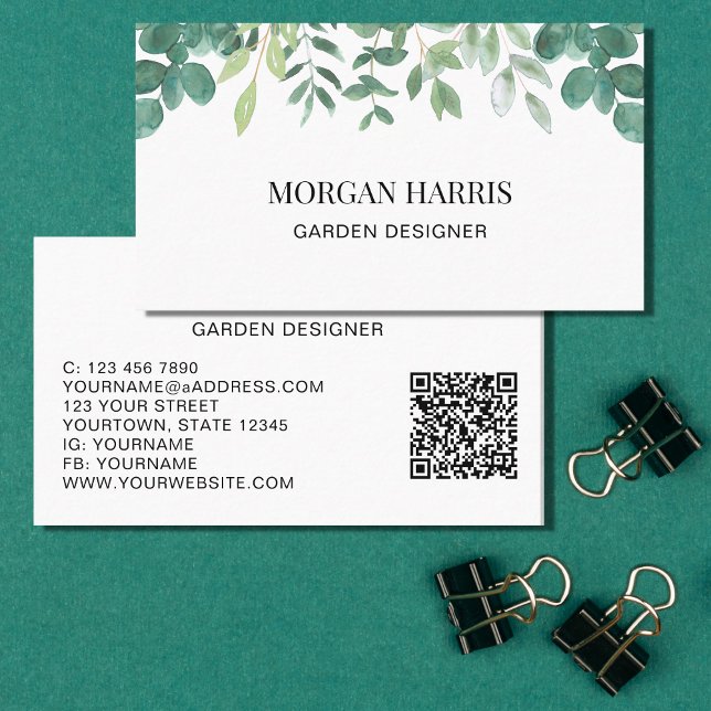 QR Code Garden Designer Watercolor Greenery Business Card (Creator Uploaded)