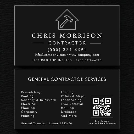 Customizable QR Code General Construction Contractor Business Card