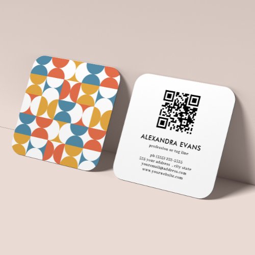 QR CODE Geometric blue orange yellow MID CENTURY  Square Business Card