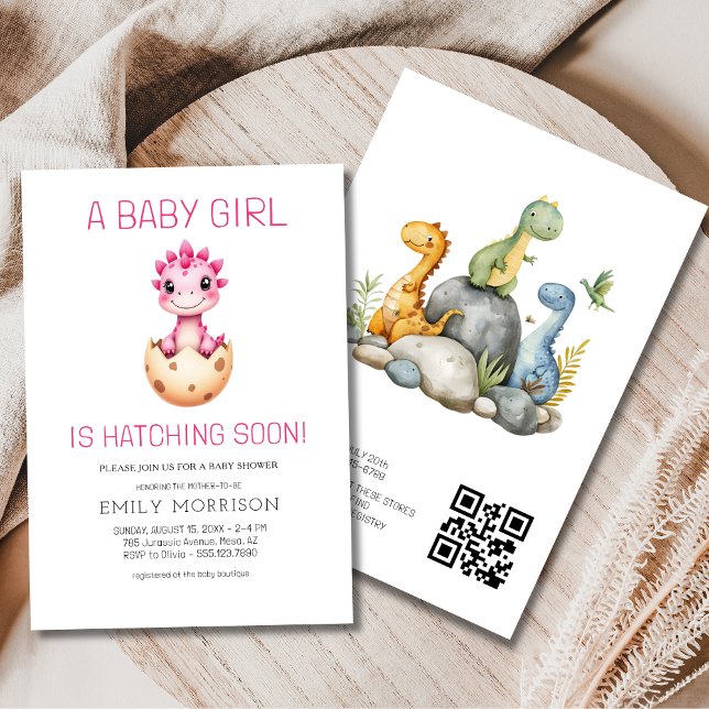 QR Code Girl Dinosaur Hatching Soon Baby Shower Invitation (Creator Uploaded)