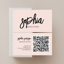 QR Code Girly Brush Calligraphy Blush Pink Business Card
