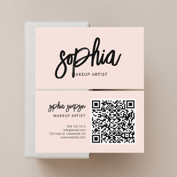 Qr Code Girly Brush Calligraphy Blush Pink Business Card by CrispinStore at Zazzle