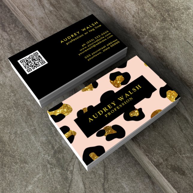 QR CODE Glam Glitter Blush Leopard print Luxury Business Card (Creator Uploaded)