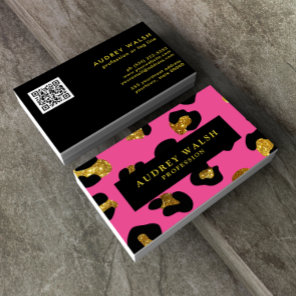 QR CODE Glam Glitter Gold Fuchsia Leopard print  Business Card