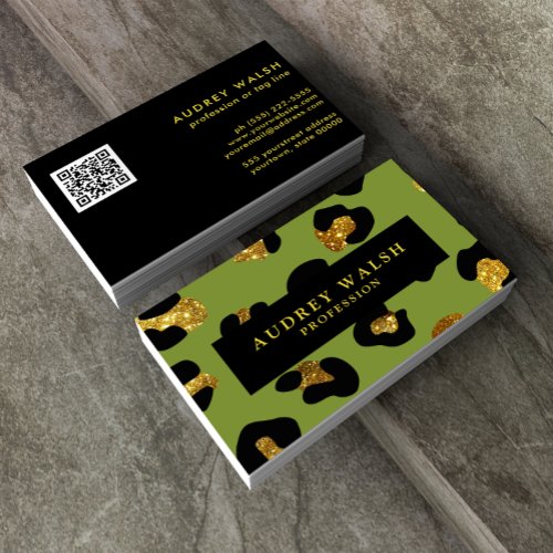 QR CODE Glam Glitter Gold Green Leopard print Luxe Business Card