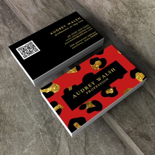 QR CODE Glam Glitter Gold Red Leopard print Luxury Business Card