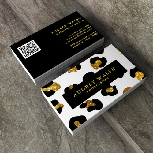 QR CODE Glam Glitter Gold White Leopard print Luxe Business Card