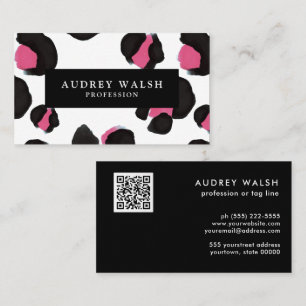 QR CODE Glam Pink Black White Leopard print  Business Card