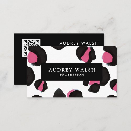 QR CODE Glam Pink Black White Leopard print  Business Card